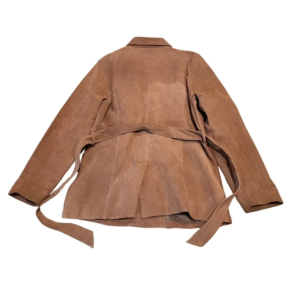 Rouge Leather Womens XL Cognac Brown Suede Belted Safari Jacket Button Front - Picture 5 of 13